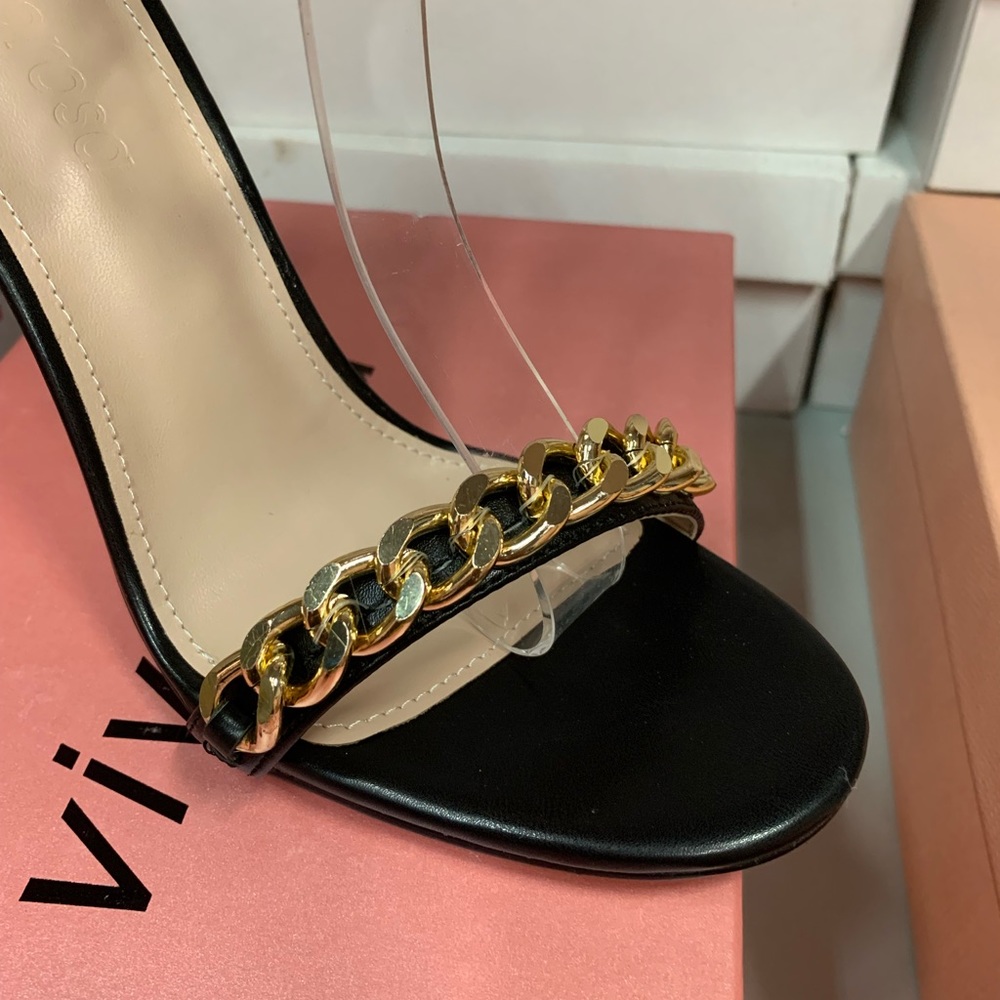 Women’s Ankle Strap Gold Chain Detail High Heel Sandal in Black Faux Leather - Picture 15 of 16